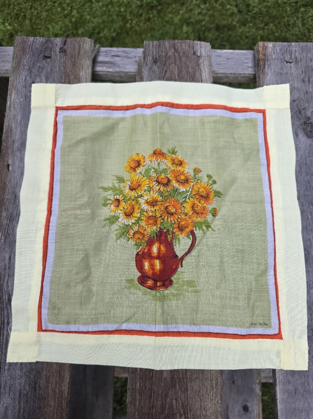 EM JO PE Pale Signed  Hankie  Flowers  handkerchief  11 inches x 11 inches
